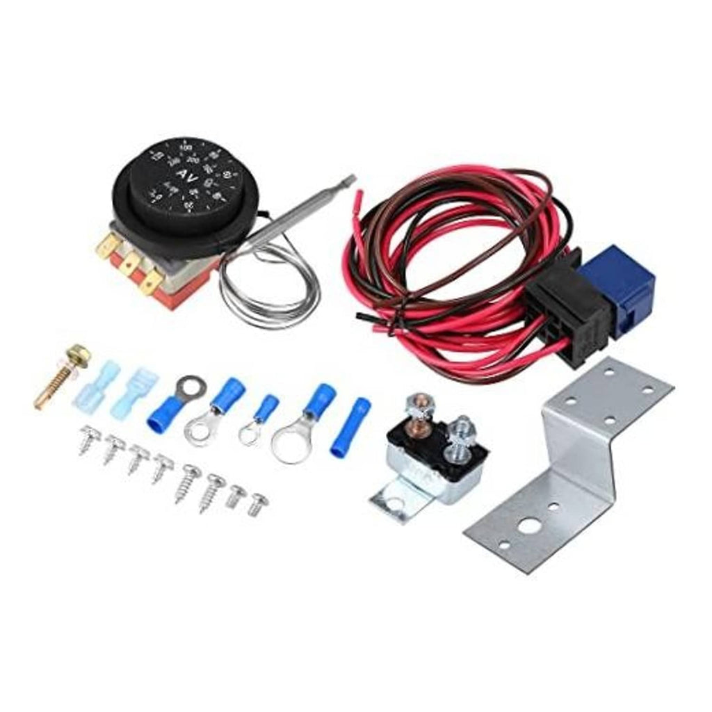 Full fan thermostat controller kit with adjustable dial, wiring harness, and mounting brackets