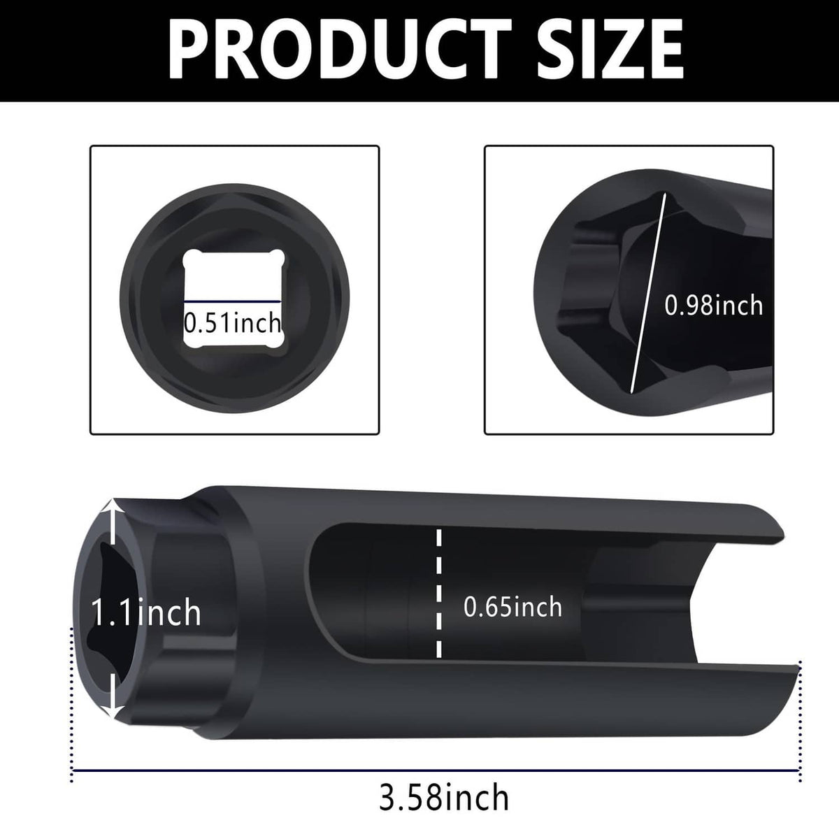 Black O2 sensor socket size chart showing 0.51 in and 0.98 in measurements