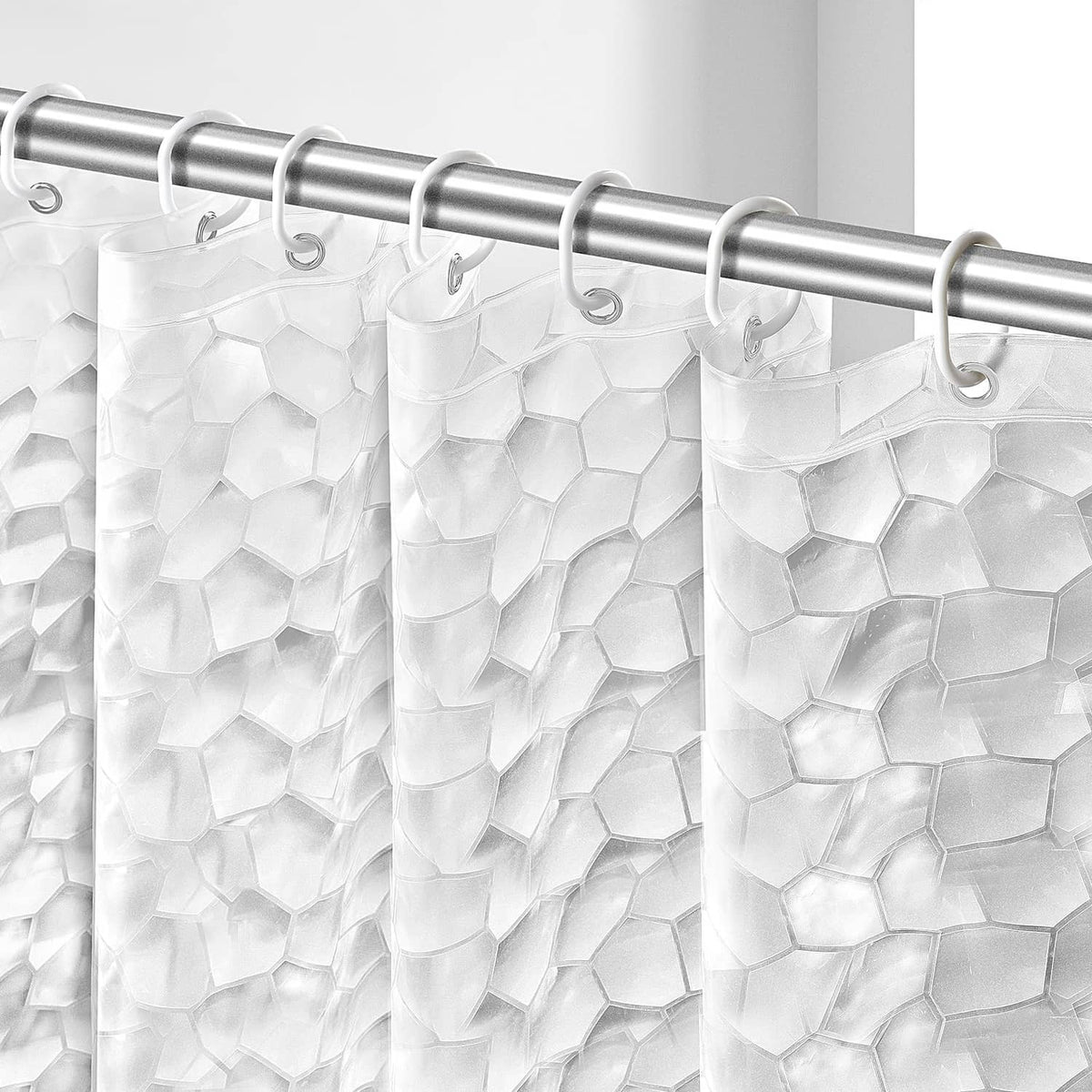 Clear white shower curtain liner with hexagon 3D texture and metal grommets at top