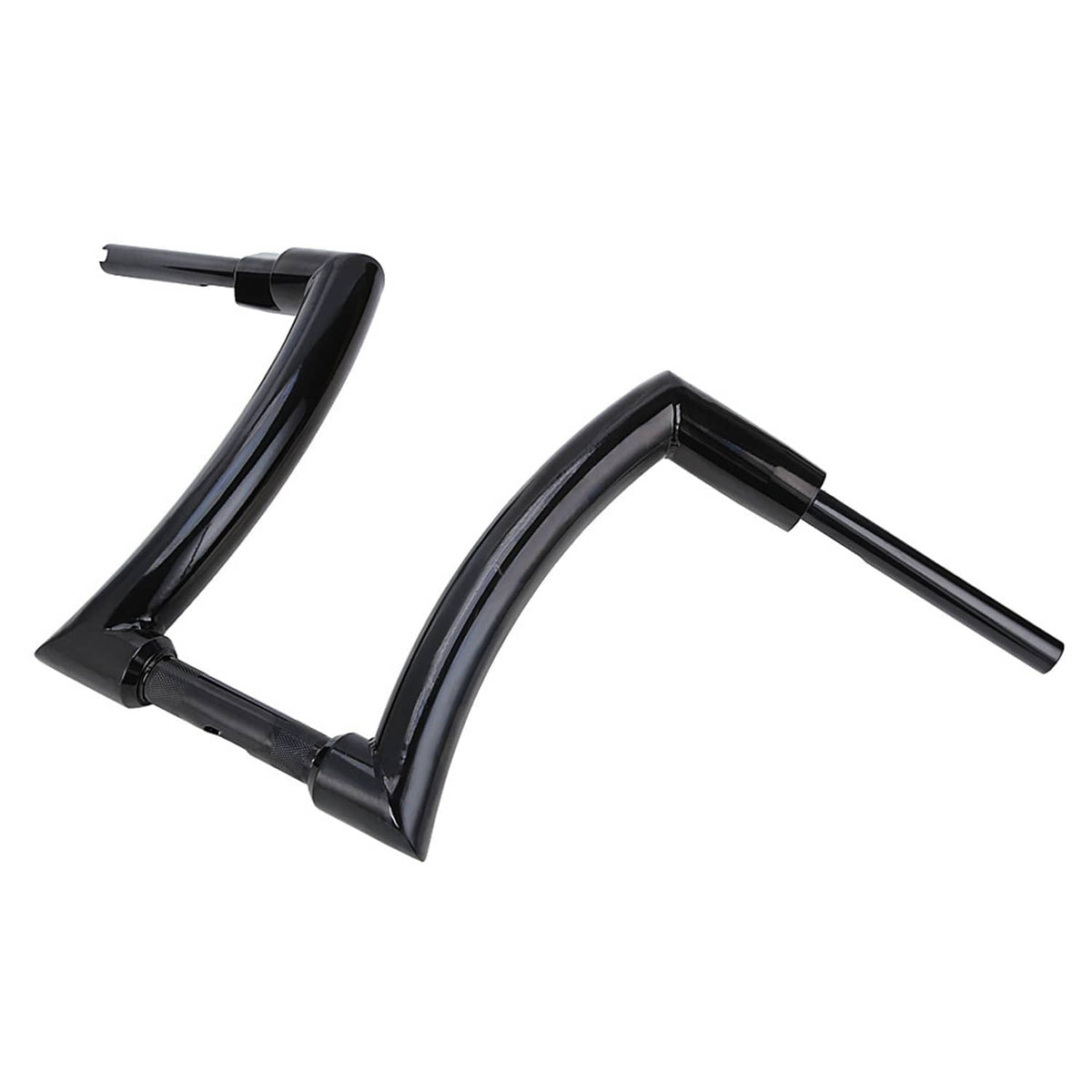 Glossy black ape hanger handlebar, angled view with mounting areas