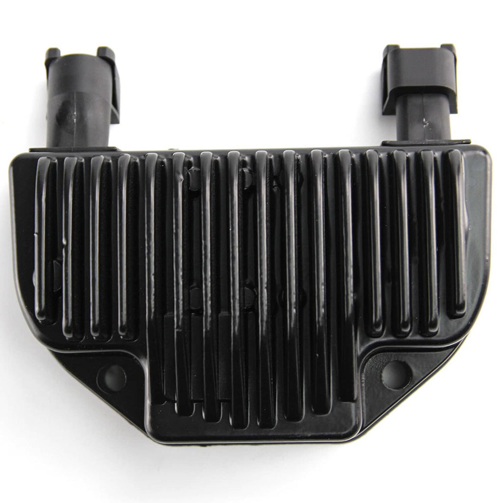 Motorcycle voltage regulator with black finned cover and side mounting tabs