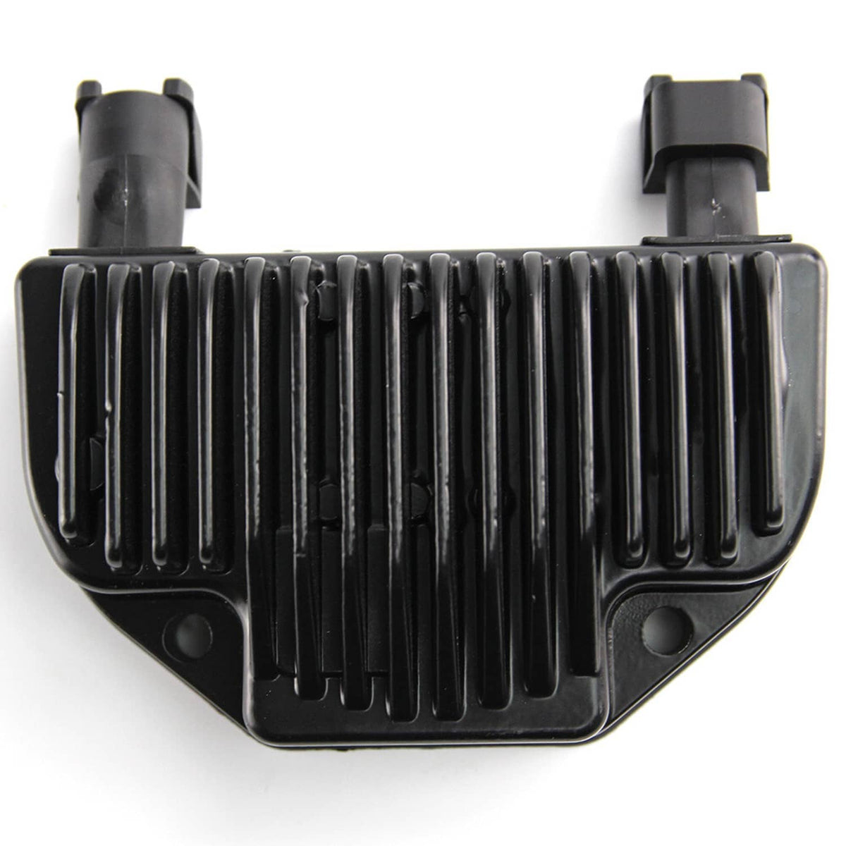 Motorcycle voltage regulator with black finned cover and side mounting tabs