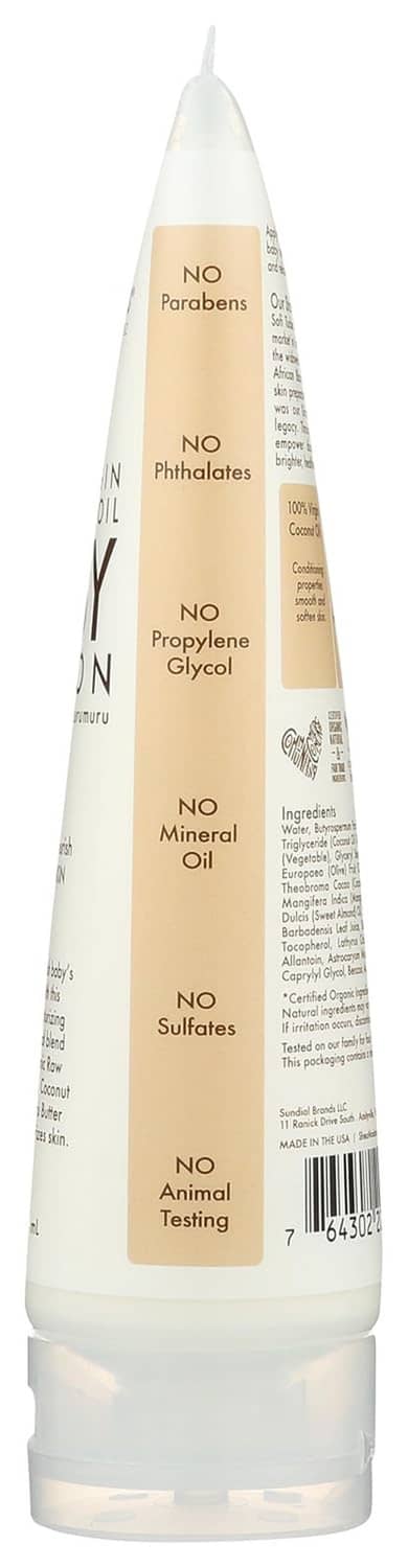 SheaMoisture baby lotion tube side label listing no parabens and no phthalates