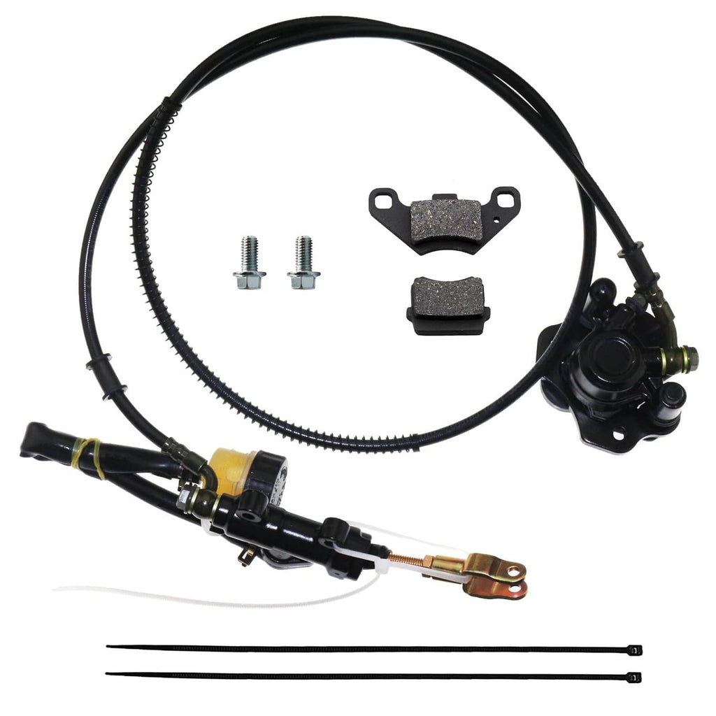 Rear brake kit with black caliper, hoses, brake pads, bolts, and axle mount pieces