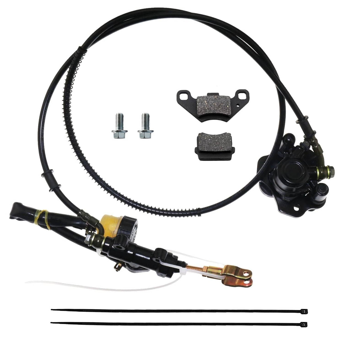 Rear brake kit with black caliper, hoses, brake pads, bolts, and axle mount pieces