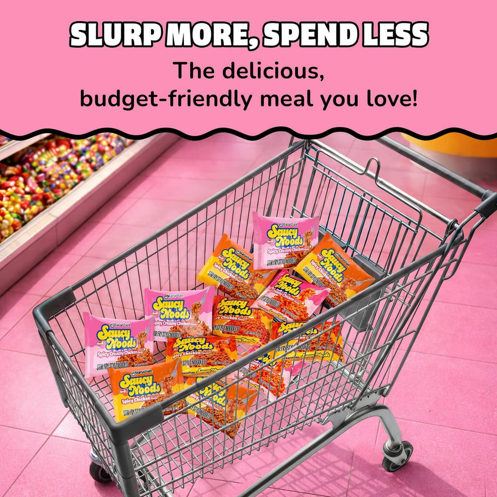 Maruchan Saucy Noodles packs in a shopping cart for a budget-friendly meal