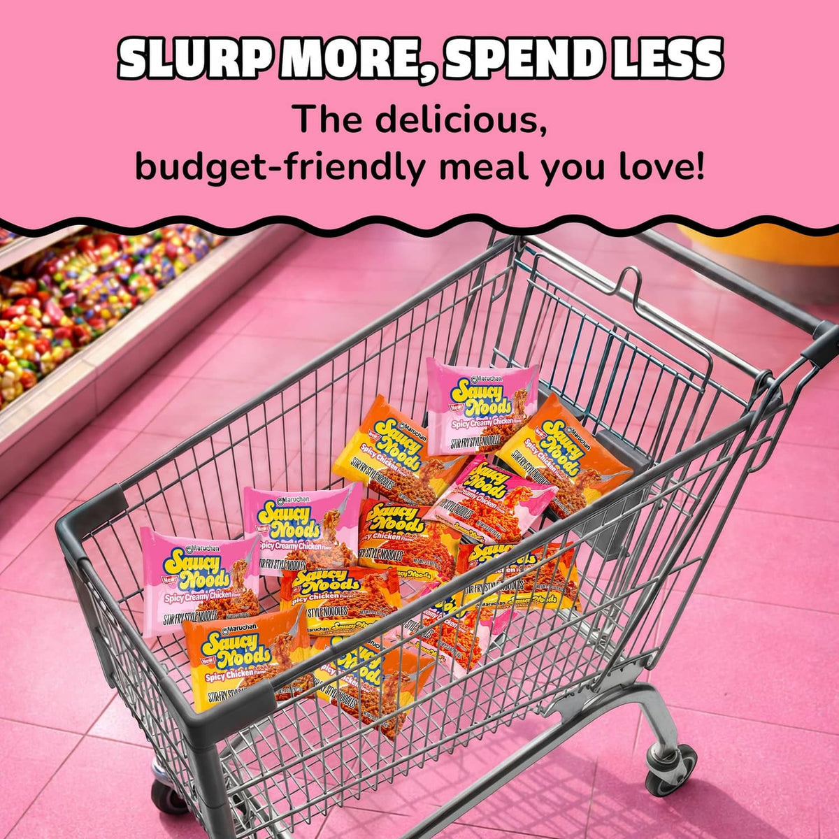 Maruchan Saucy Noodles packs in a shopping cart for a budget-friendly meal