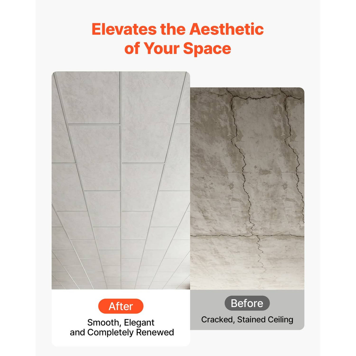 White marble ceiling tiles shown covering a cracked ceiling area