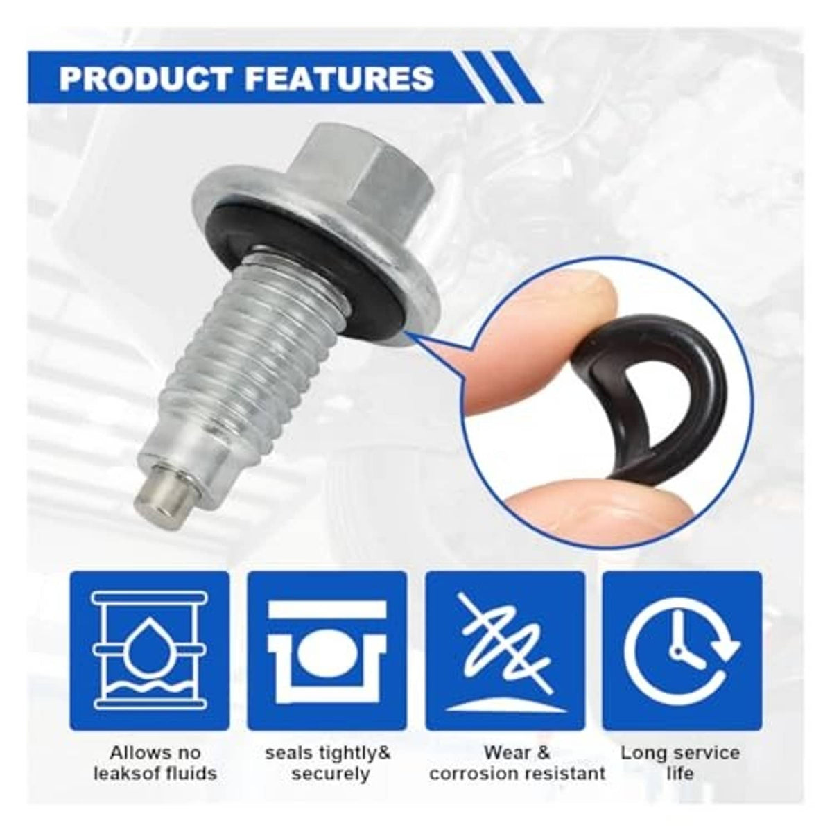 Oil drain plug sealing gasket with M12 rubber ring on threaded bolt