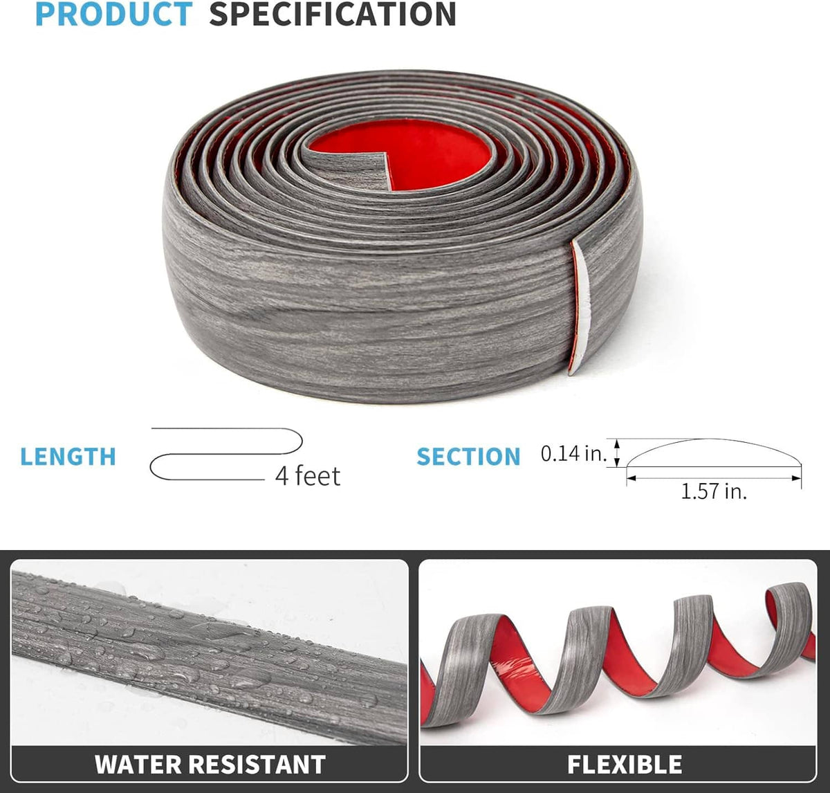 Gray woodgrain self-adhesive vinyl strip roll with red adhesive liner