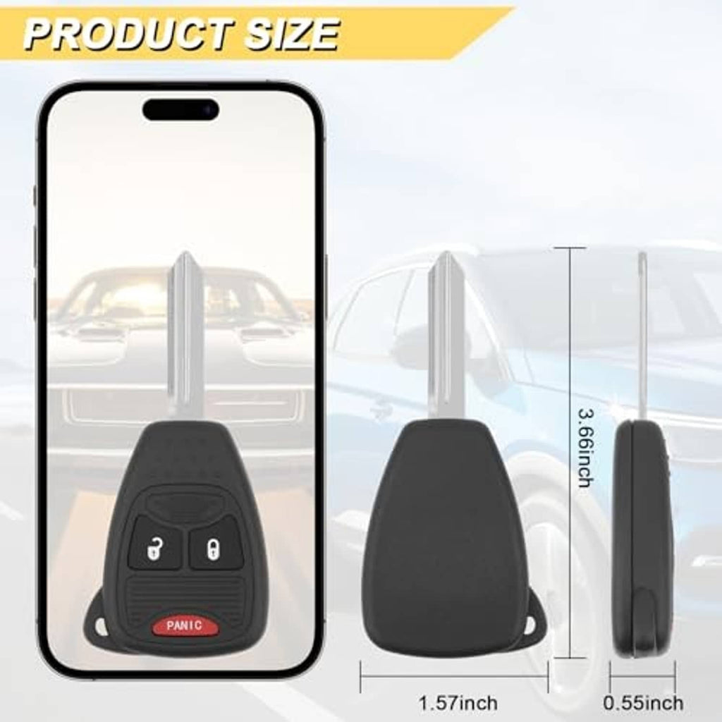 Black key fob with metal blade, red PANIC button, and button layout size diagram