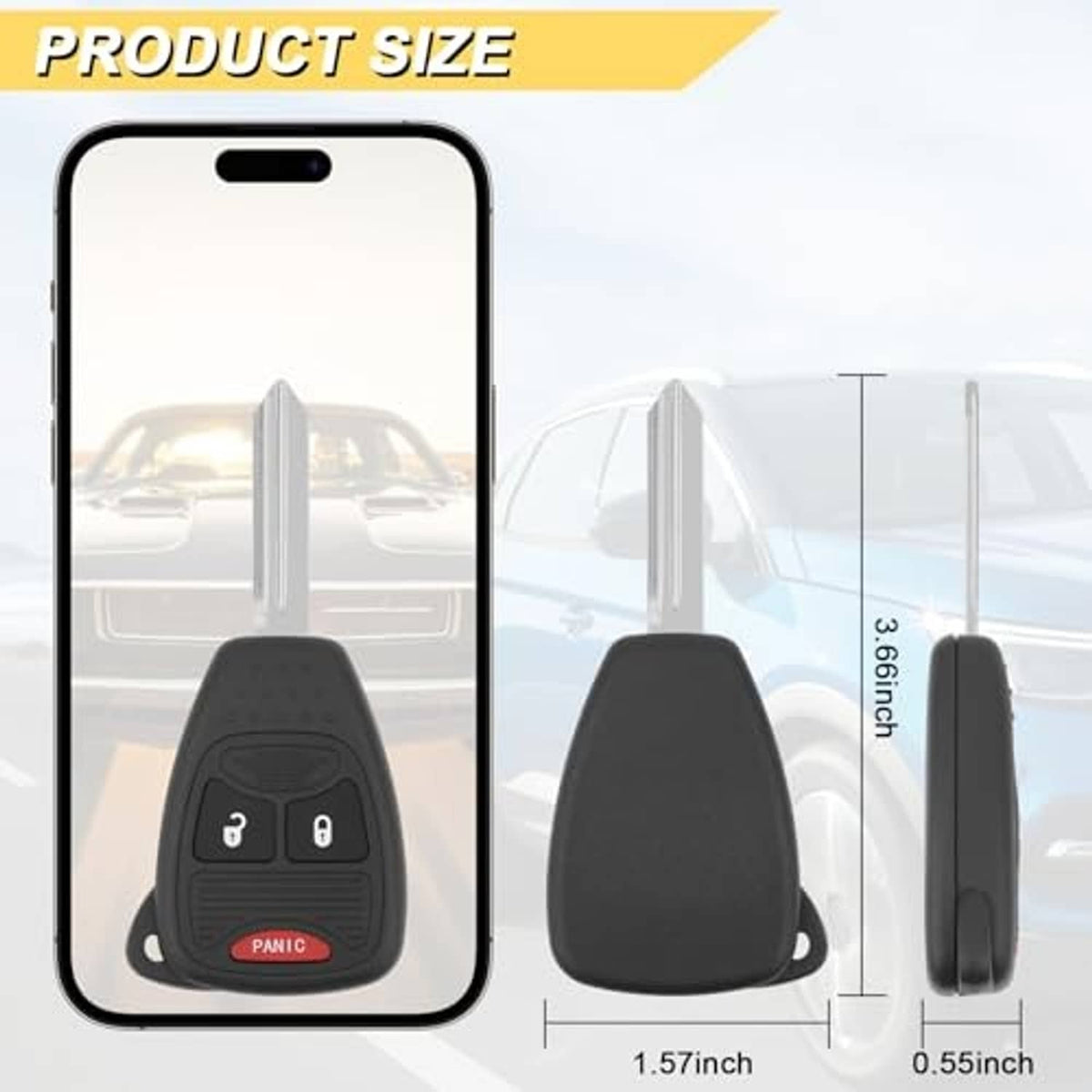 Black key fob with metal blade, red PANIC button, and button layout size diagram