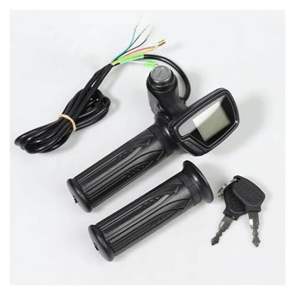 Electric bike throttle kit with LCD screen, black rubber grips, and key set