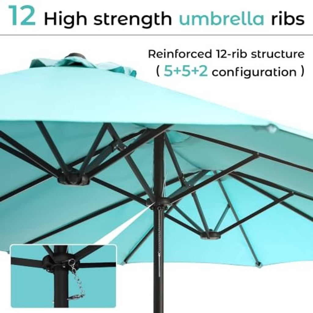 Turquoise umbrella canopy with reinforced black 12-rib frame structure detail
