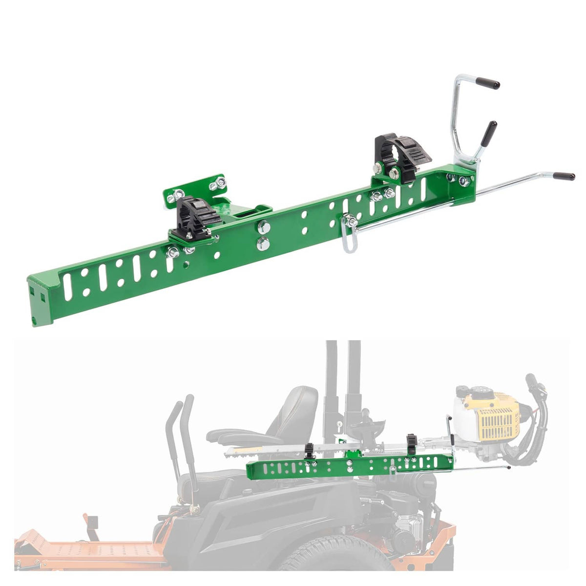 Green roll bar trimmer rack holder with adjustable clamps and steel support handles