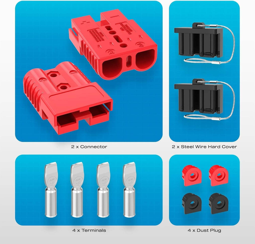 Red battery quick connect kit with black hard covers, terminals, and red dust plugs