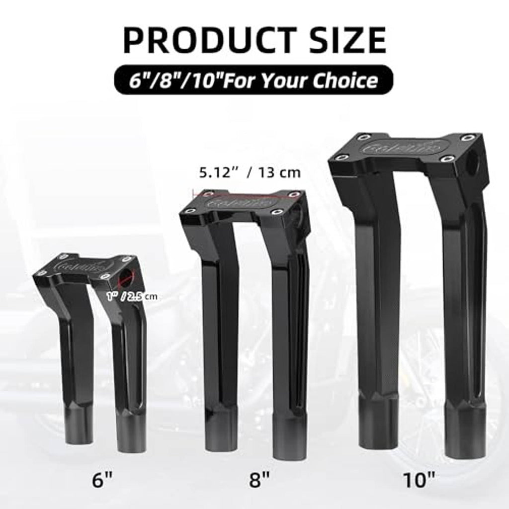 Black motorcycle handlebar risers set with top mounting holes and extended columns