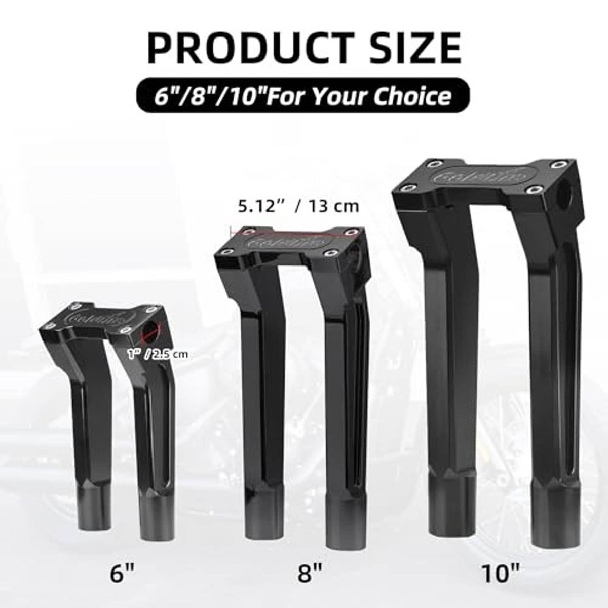 Black motorcycle handlebar risers set with top mounting holes and extended columns