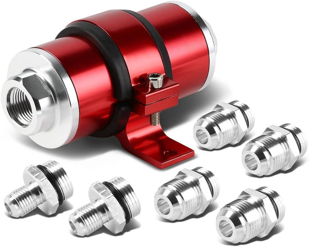 Red inline fuel filter with billet aluminum bracket and silver AN fittings, red body