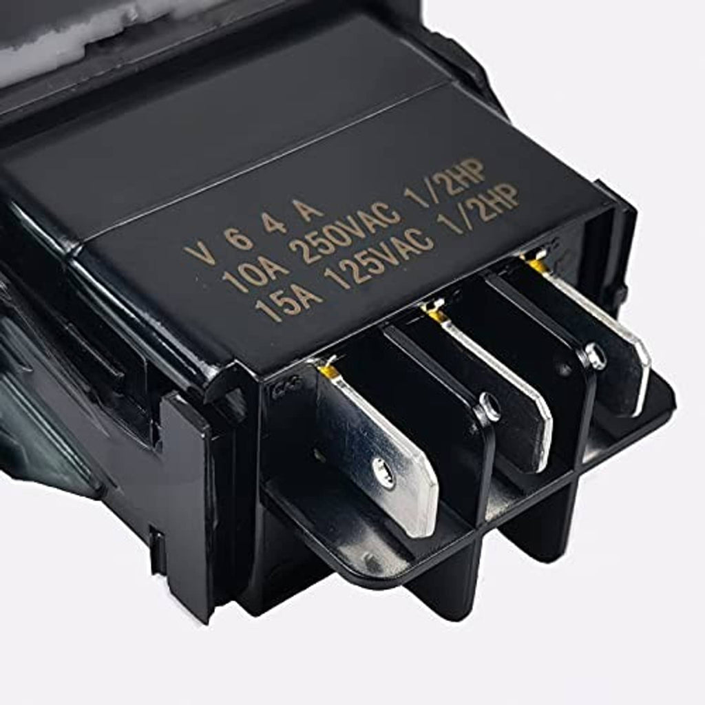 Close-up of forward/reverse switch terminals and V6 4A 10A 250VAC 15A 125VAC markings