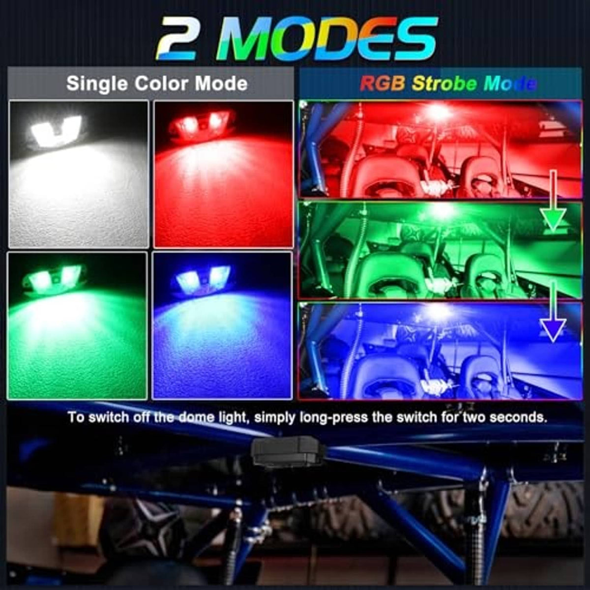 UTV RGBW LED dome light showing single-color and RGB strobe lighting modes