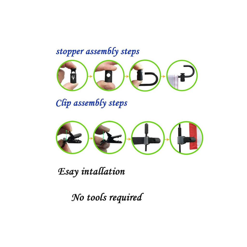 Flag stand assembly steps diagram showing stopper and clip installation