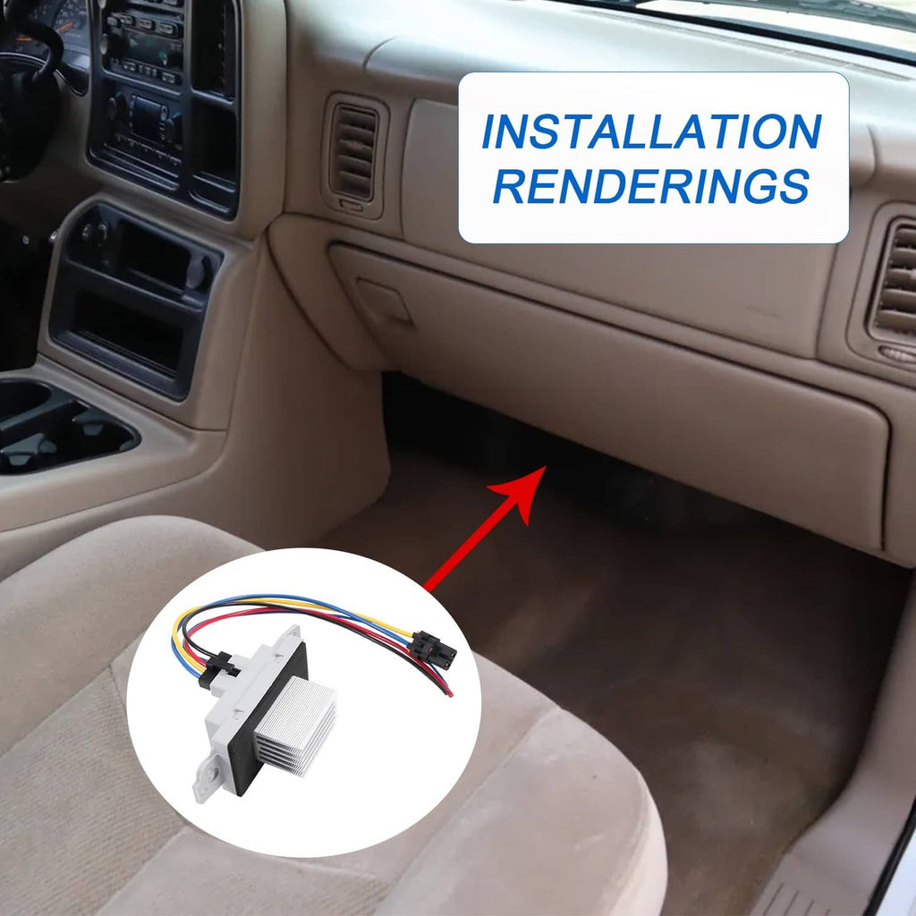 Blower motor resistor kit installation inset showing module with wire harness