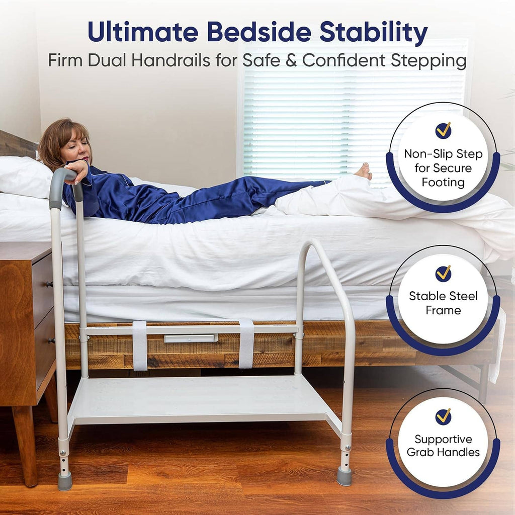 White bed step stool with stable steel frame, supportive grab handles, and wide step