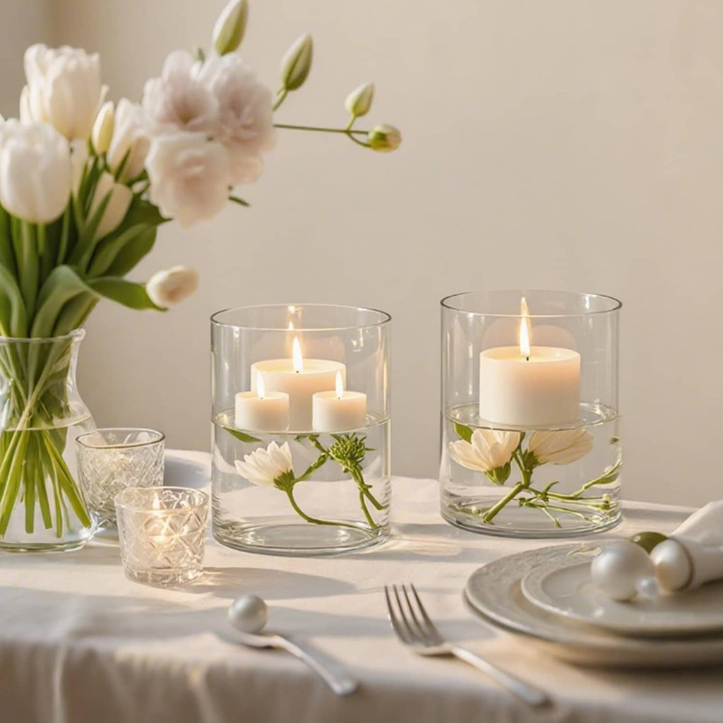Clear glass cylinder vase with candle and white blossoms