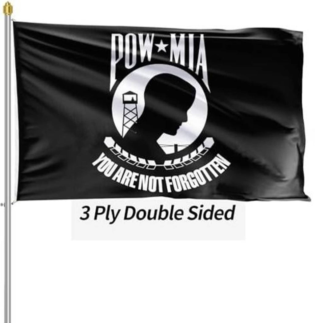 Black POW*MIA double-sided outdoor flag with circular emblem and “You are not forgotten”
