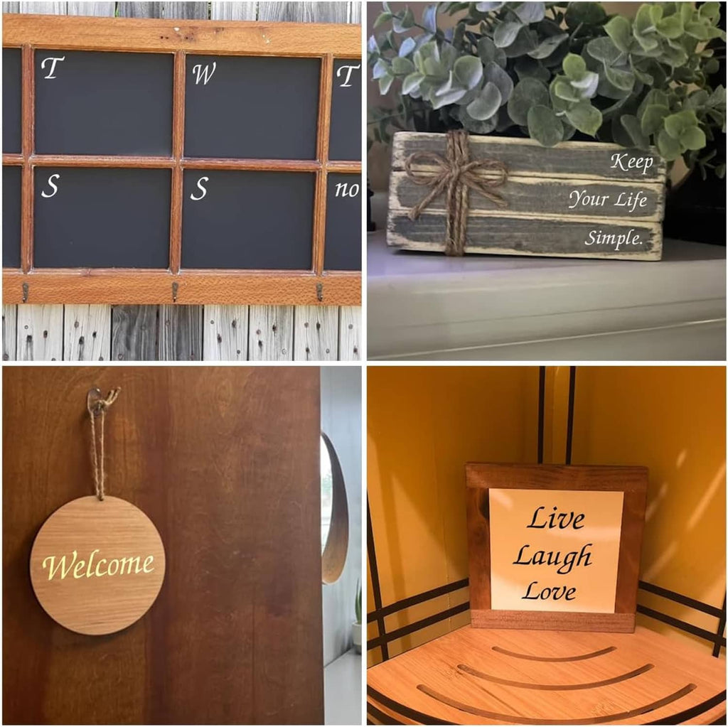 Assorted letter stencil signs with phrases like "Keep Your Life Simple" and "Welcome"