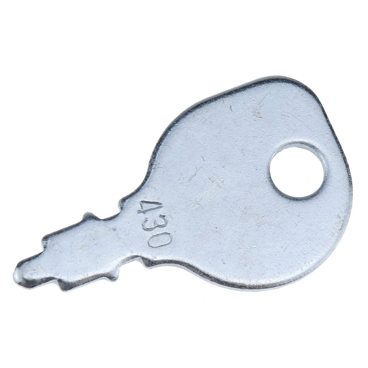 Angled silver metal ignition key stamped 430, circular hole and notched blade