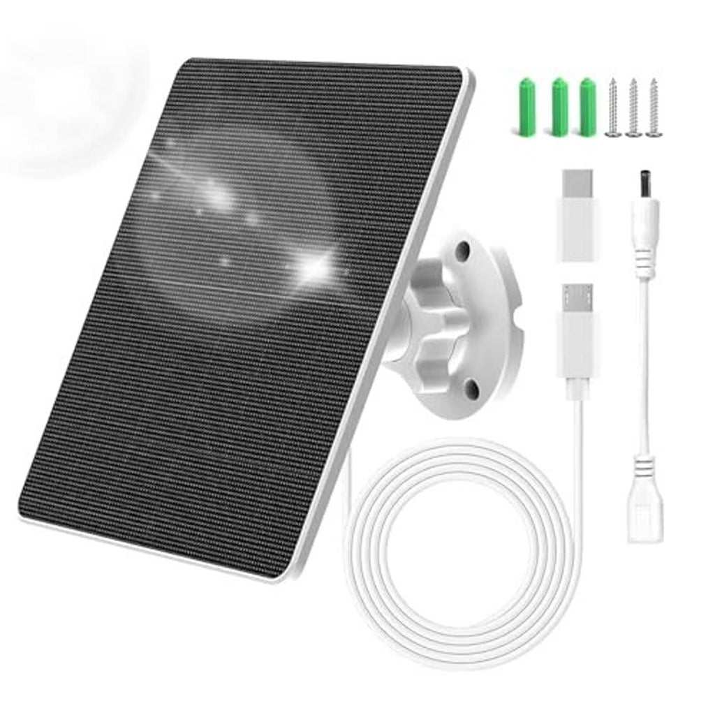 Solar panel charger kit with black panel, mounting base, and included charging connectors