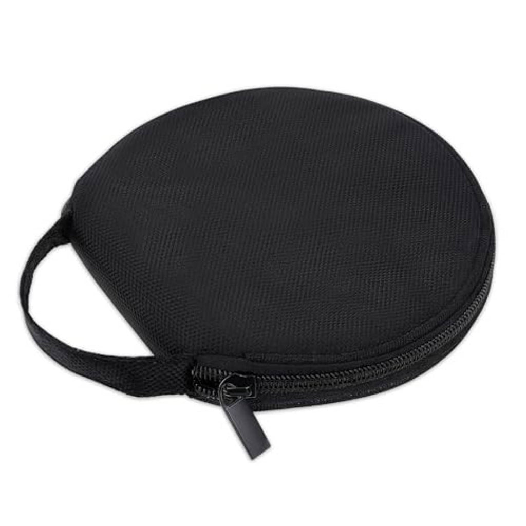 Black round zippered CD/DVD storage pouch with strap and curved zipper pull tab