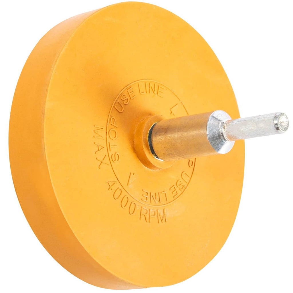Yellow rubber eraser wheel with metal drill arbor shaft, decal stripe remover tool