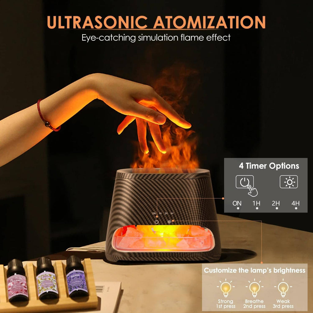 Carbon black diffuser with glowing salt tray near raised hand and flame