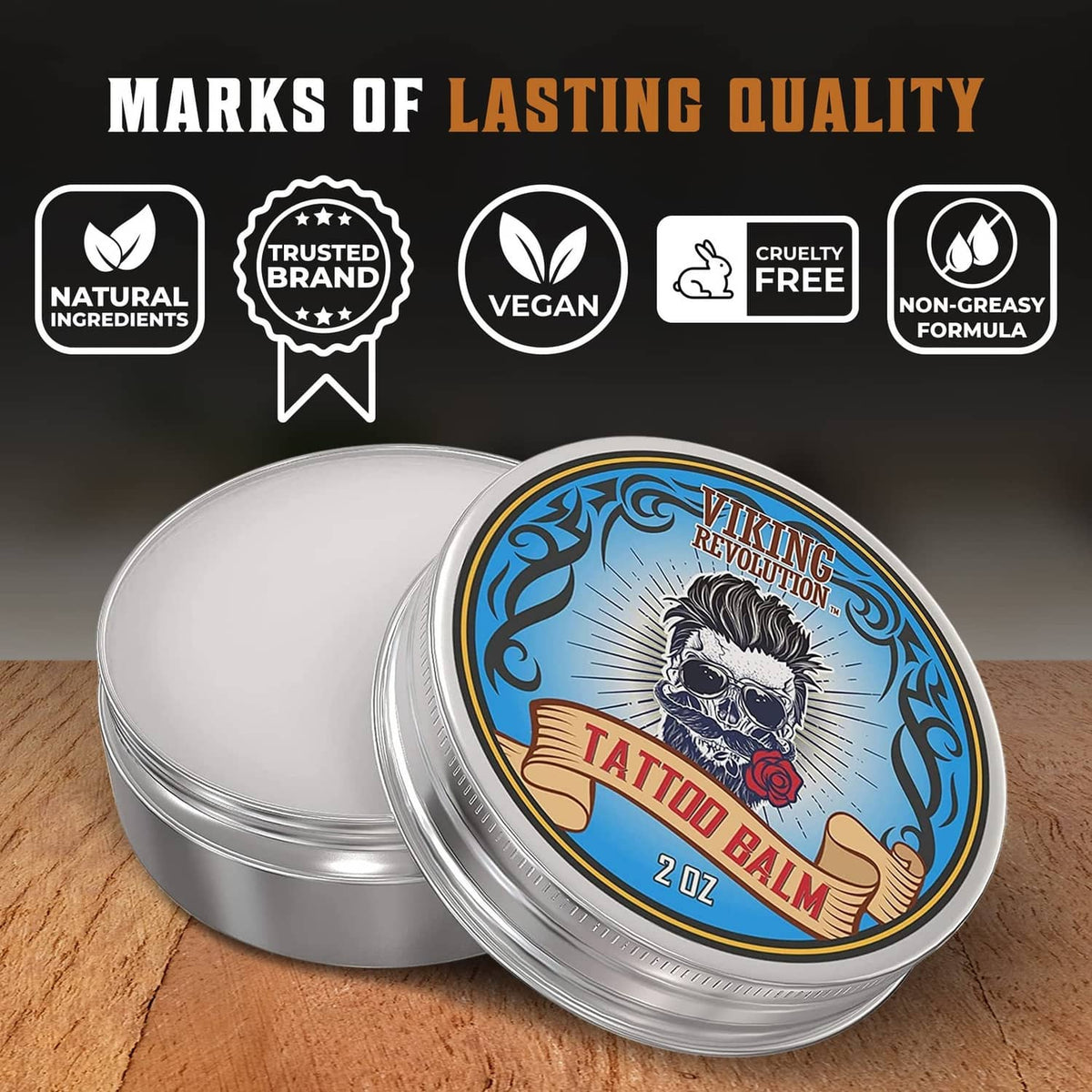 Viking Revolution tattoo care balm tins, two-pack round silver containers with 2 oz labels