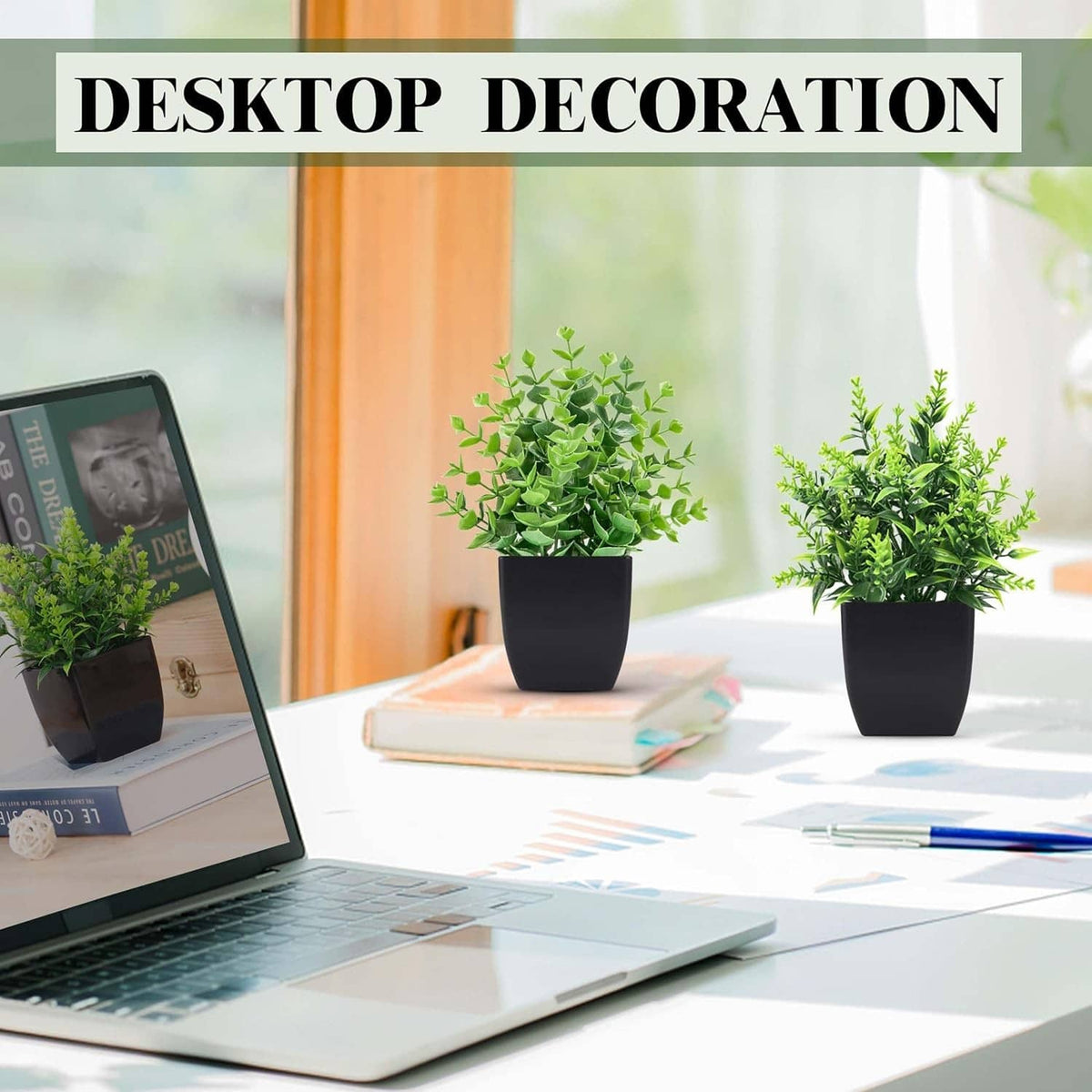 Two small faux plants in black pots with bright green foliage for desk decor