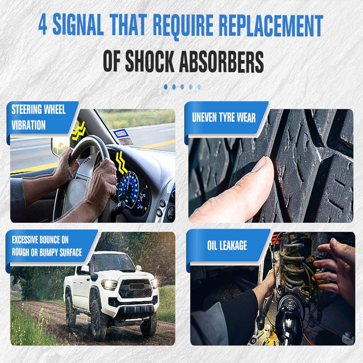 Shock absorber replacement infographic showing steering wheel, tire, and oil leak callouts