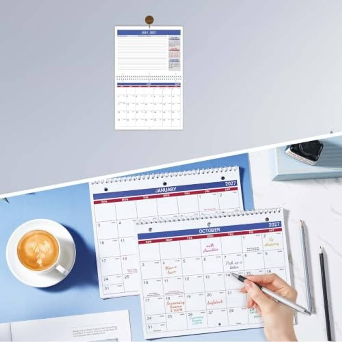 Wall calendar with spiral binding showing January 2027 and October 2027 pages.