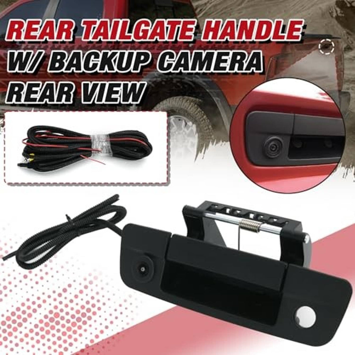 Black rear tailgate handle with backup camera, cables included