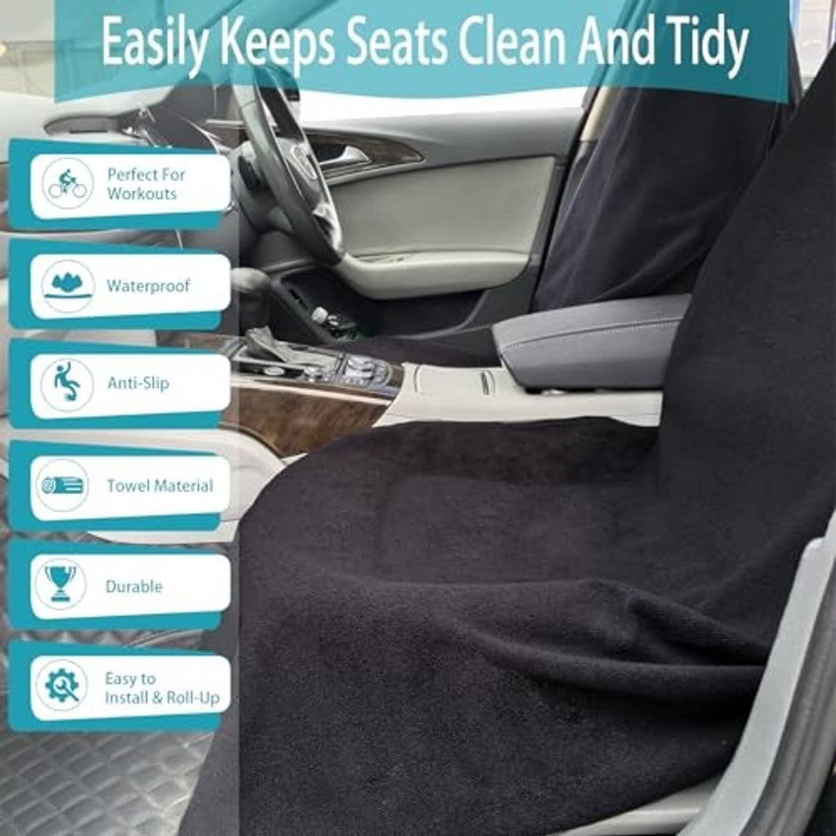 Black front seat cover on car seat, smooth towel-like fabric for protection