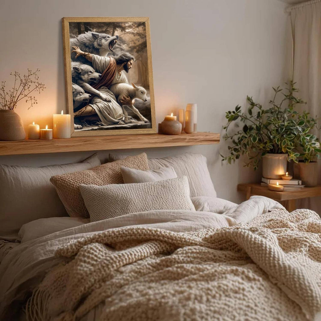 Framed Jesus and lamb canvas wall art above bed with warm candlelight and plants below