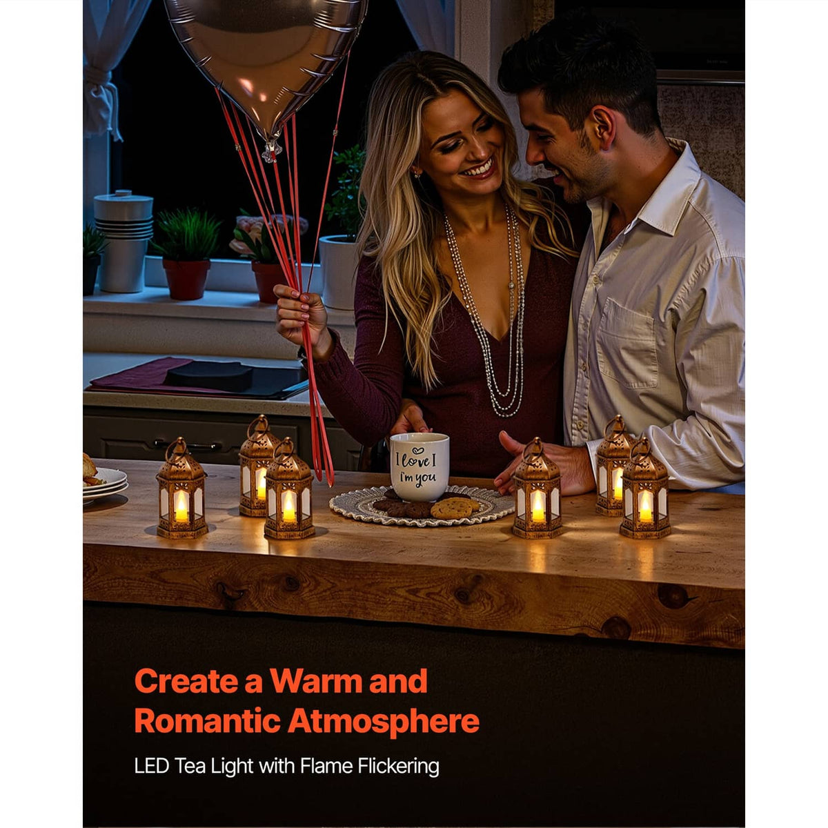 Bronze LED flameless candle lanterns glowing on a tabletop with warm light