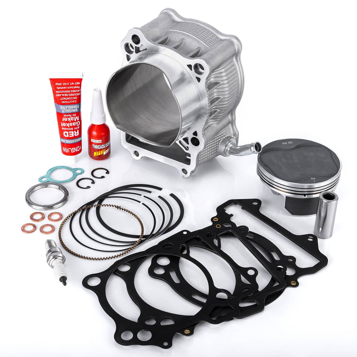 Engine top-end rebuild kit with aluminum cylinder, piston, rings, and gasket set