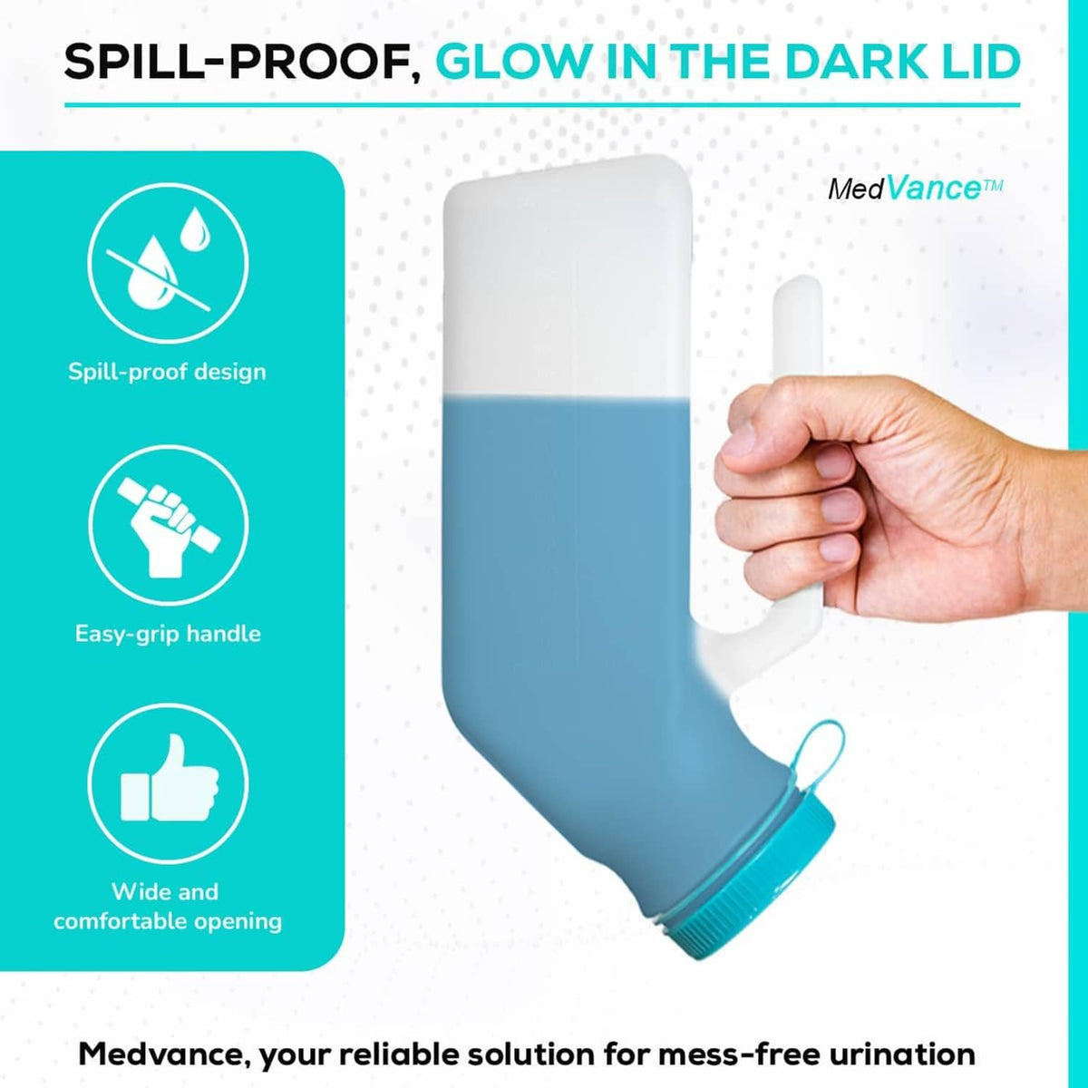 Men's spill-proof portable urinal with teal glow-in-the-dark lid and wide opening