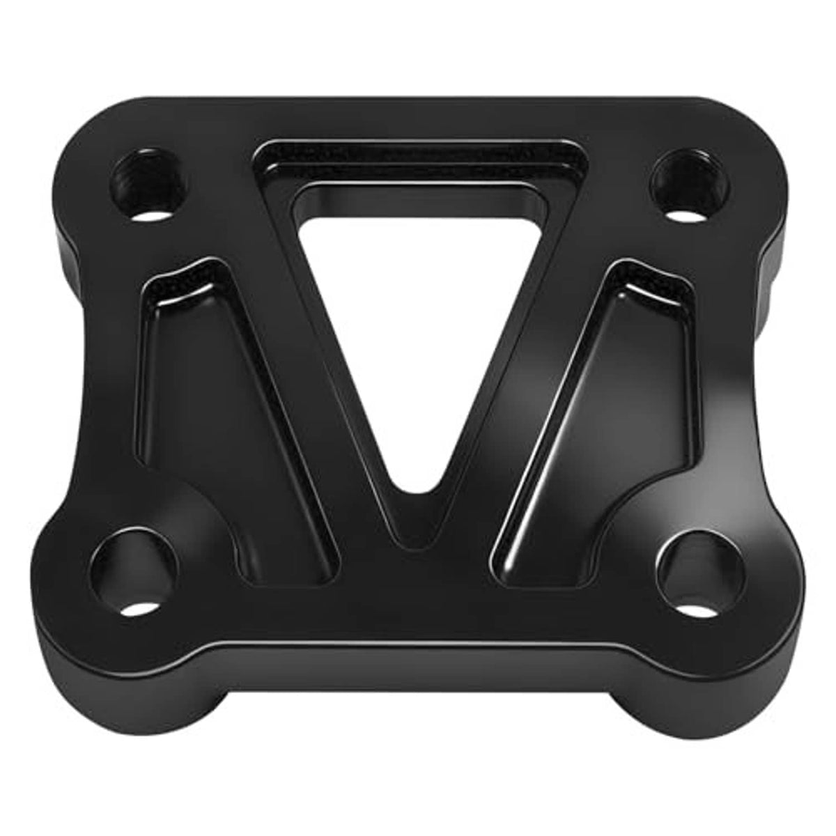 Black handlebar riser adapter bracket plate with triangular center opening and four bolt holes