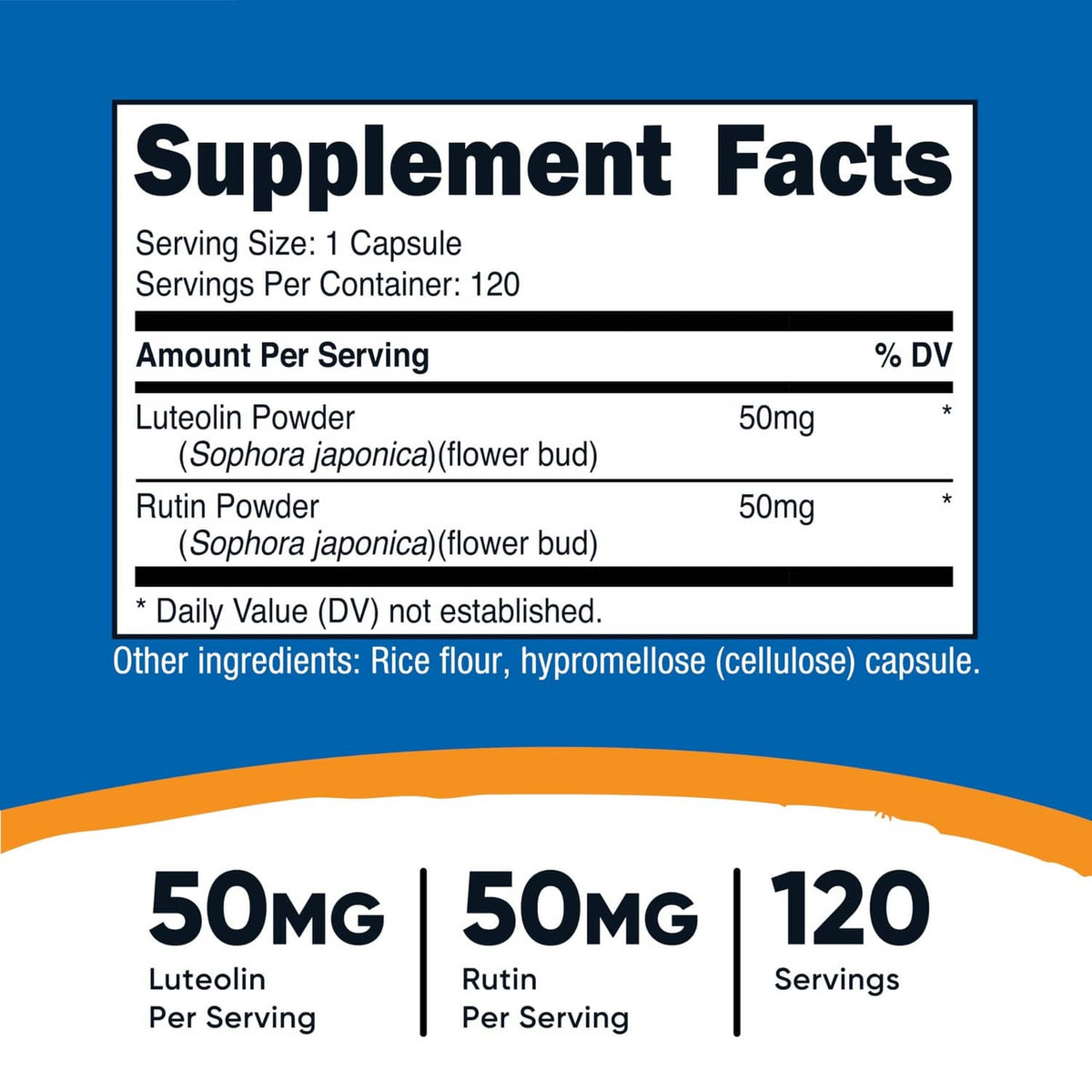 Supplement Facts close-up: 50 mg luteolin powder and 50 mg rutin powder