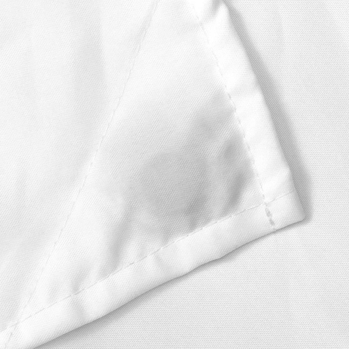 Close-up of white shower curtain liner fabric with stitched hem seam