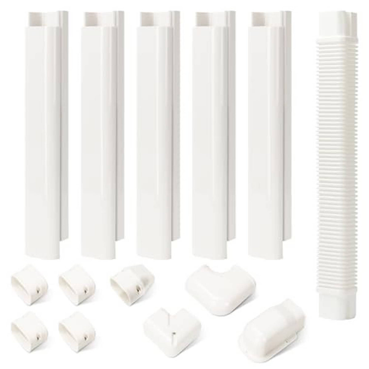 White mini split line set cover kit with multiple duct sections and corrugated flexible duct